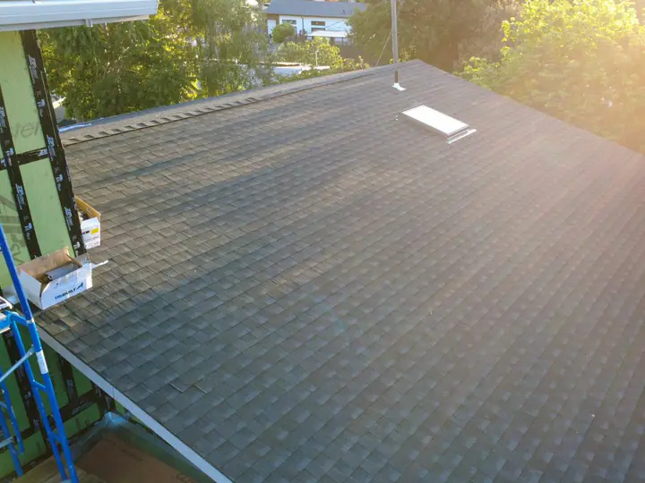 Aerial view of a completed shingle roof