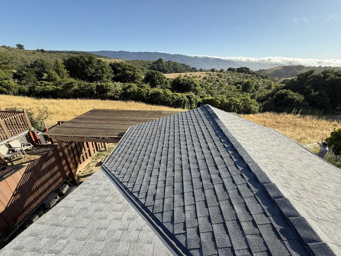 Completed two-tone GAF shingle roof overlooking Bay Area hills